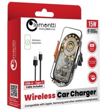 Suport Auto cu incarcare Wireless Lemontti LEMSAW15WTN, 15W, deschidere automata prin senzor infrarosu, prindere la ventilatie, cablu Type-C inclus, Transparent/Negru