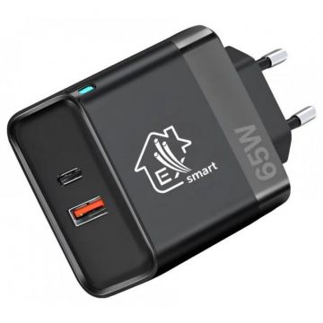 Incarcator Retea Smart Life 65W USB-C  USB-A  Negru