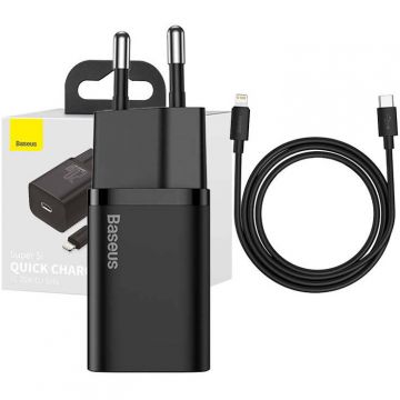 BASEUS Încărcător Încărcător rapid Baseus Super Si 1C 20W cu cablu USB-C pentru Lightning 1m (negru)