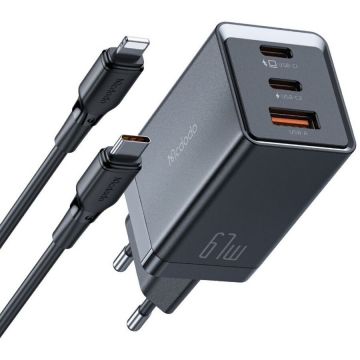 Incarcator Retea 2xType-C  1xUSB-A GaN5 Mini Pro Fast Charger 67W Cablu Type-C  Lightning 1.2m  Negru