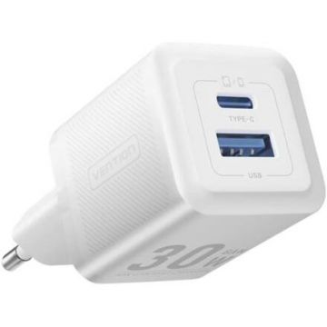 Incarcator Retea 30W 1 x USB Type-C 1 x USB 5V/3A PD 3.0 QC 3.0 QC 4.0 Alb