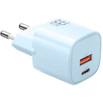 Incarcator Retea Dual Port USB-A USB Type-C Nano Series GaN Fast Charging PD 33W Albastru