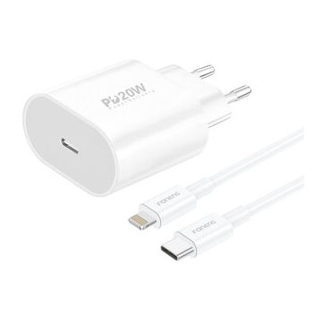 Incarcator Retea EU39 Fast Charger 1x USB PD 3.0 + Cablu USB-C la Lightning Alb