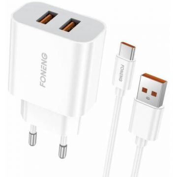 Incarcator Retea EU45 Fast Charger 2x USB  + Cablu USB Type C Alb