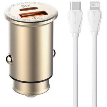 Incarcator Auto C506Q USB USB-C Car charger + USB-C  Lightning Cable Auriu