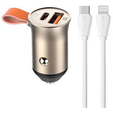 Incarcator Auto C509Q USB + USB-C 30W + cable USB-C to Lightning Auriu