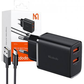 Incarcator CH-5072 USB-A x2 12W  + Cablu USB-A - USB-C  Negru