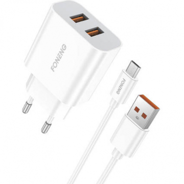 Incarcator EU45 2x USB  12W  + Cablu USB Micro Alb