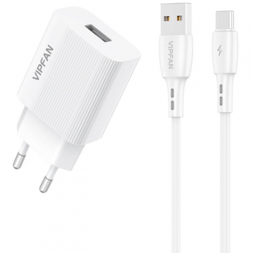 Incarcator VFAN E01 1x USB  2.4A + Cablu  USB-C Alb