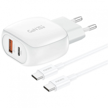 Incarcator EU41 USB-C USB-A 20W +  Cablu USB-C-USB-C Alb