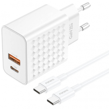 Incarcator EU42 USB-C USB-A 20W +  Cablu USB-C - USB-C Alb