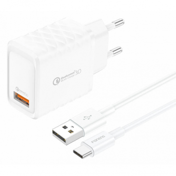 Incarcator EU54 USB-A  3A  +   Cablu USB-A  USB-C Alb