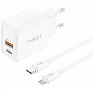 Incarcator EU56 1xUSB-A  1xUSB-C  20W   + Cablu USB-A  Lightning Alb