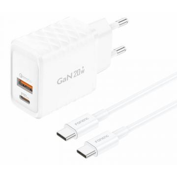 Incarcator EU56 1xUSB-A 1xUSB-C  20W   + Cablu  USB-C Alb