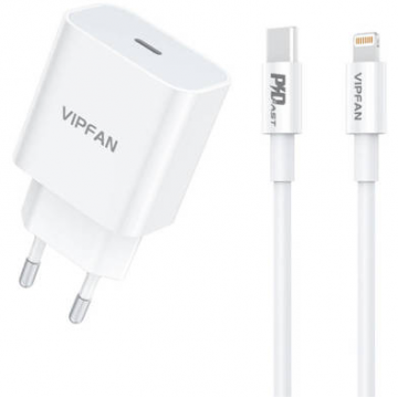 Incarcator VFAN   E04 USB-C  20W QC 3.0 + Cablu Lightning  Alb