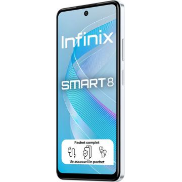 Smartphone INFINIX Smart 8, 64GB, 3GB RAM, Dual SIM, Octa Core, 4G, Tri-Camera, Galaxy White