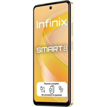 Smartphone INFINIX Smart 8, 64GB, 3GB RAM, Dual SIM, Octa Core, 4G, Tri-Camera, Shiny Gold