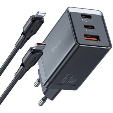 Incarcator CH-1544 GaN, 2x USB-C, 1x USB, 67W, Cablu USB-C - Lightning 1.2m inclus, Negru