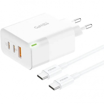 Incarcator Retea GAN65 USB-A  2x USB-C GaN 65W  Cablu USB-C Alb