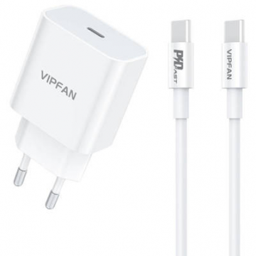 Incarcator VFAN E04  USB-C 20W QC 3.0 + Cablu  USB-C Alb