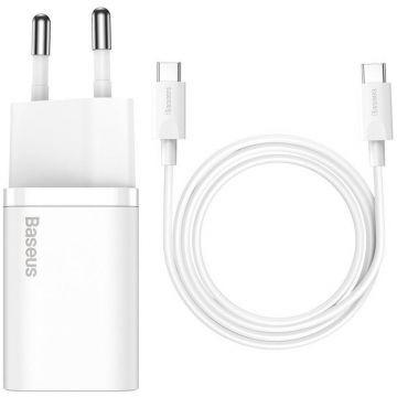 BASEUS Incarcator rapid Baseus TZCCSUP-L02 25W cu cablu USB-C 1m, Alb