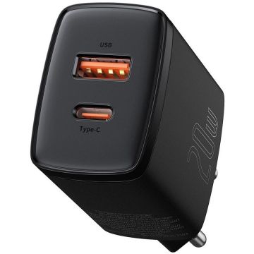 BASEUS Incarcator retea Baseus Compact, Quick Charger, 20W, USB-C, USB, PD 3.0, Negru