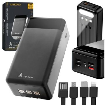 EXTRALINK Baterie externa Extralink EPB-124, 30000mAh, 5V-12V, 22.5W, 3 cabluri integrate, Fast Charging, USB Type-C, MicroUSB, 4 x USB, Universal, Portabil, Afisaj LED, Lanterna LED, Negru