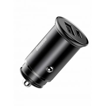 Încărcător Auto Baseus Circular Metal, 2 Porturi USB, Încărcare Rapidă 30W