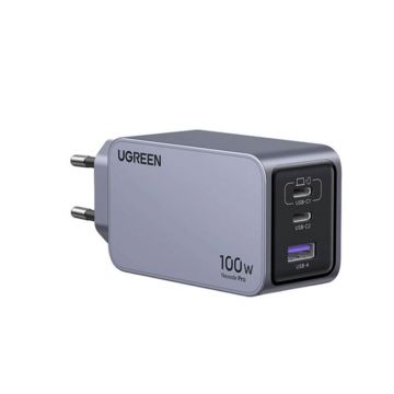 Incarcator rapid retea UGREEN Nexode 100W 3-Port GaN Fast Charger EU, 1 x USB-A - 2 x USB-C, Gri