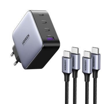 Incarcator rapid retea UGREEN Nexode S 100W 4-Port GaN Fast Charger EU, 3x USB-C, 1x USB-A, Negru/Gri