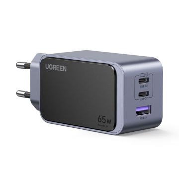 Incarcator rapid retea UGREEN Nexode S 65W 3-Port GaN Fast Charger EU, 2x USB-C + 1x USB-A, Gri