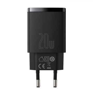 Incarcator retea Baseus Compact, Quick Charge 20W, 1 x USB Type-C 5V/3A max, 1 x USB 5V/3A, negru