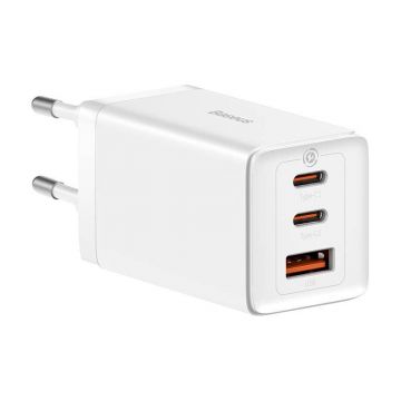 Incarcator retea Baseus GaN5 PRO, Quick Charge 65W, 2 porturi USB PD, 1 port USB Quick Charge, include cablu USB -C la USB-C de 100W, lungime 1m, alb