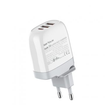 Incarcator retea Serioux 65W GAN QC, Intrare: AC100-240V~ 50/60Hz 1.5A, Ieșire (USB-C1): 5V-3A 9V-3A 12V-3A 15V-3A 20V=3.25A 65W(Max), Ieșire (USB-A1): 5V-3A 9V-2A 12V=1.5A 18W(Max), Ieșire (USB-A2): 5V-3A 9V-2A 12V 1.5A 18W(Max), A1+A2=18W(Max),