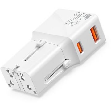 Incarcator Travel, EU/US/UK/AU, 25W, USB/USB-C, Alb