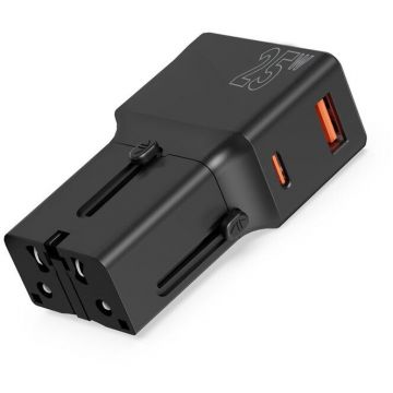 Incarcator Travel, EU/US/UK/AU, 25W, USB/USB-C, Negru