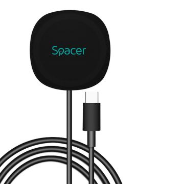 Incarcator wireless Spacer, Quick Charge 15W Qi, conector Type-C, rol de stand prin prindere magnetica, negru