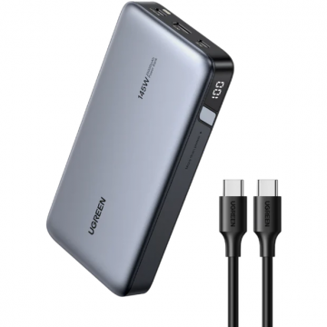 Ugreen Acumulator extern Ugreen, 25000mAh, PD 3.0 + QC 3.0 145W, 1 x USB, 2 x USB Type-C, total 3A, Gri