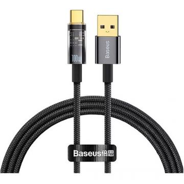 BASEUS CABLU alimentare si date Baseus Explorer, Fast Charging Data Cable pt. smartphone, USB la USB Type-C 100W, 2m, Auto Power-Off, negru transparent