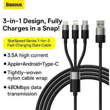 BASEUS CABLU alimentare si date Baseus StarSpeed 1-for-3, pt. smartphone, USB la Micro-USB + Lightning Iphone + USB Type-C, 1.2m, negru