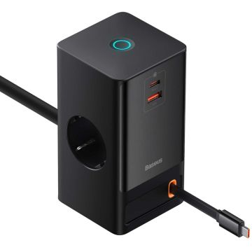 BASEUS INCARCATOR RETEA Baseus GaN3 Pro Powerstrip, Quick Charge 65W, 2 x AC, 1 x USB Type-C Output 5V/3A, 1 x USB, lungime cablu 1.5m, negru