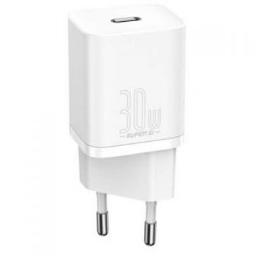 BASEUS INCARCATOR retea Baseus Super Si, Quick Charge 30W, 1 x USB Type-C 5V/3A, alb