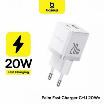 Incarcator retea Baseus Palm, Quick Charge 20W, 1 x USB, 1 x USB Type-C5V/3.0A, include cablu USB Type-C la USB Type-C 1m, alb