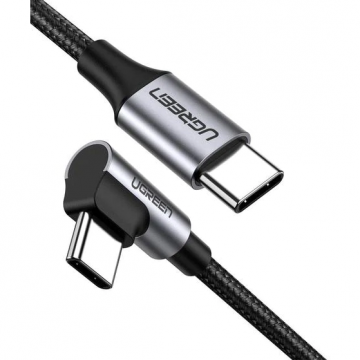 Ugreen CABLU alimentare si date Ugreen, US255, Fast Charging Data Cable pt. smartphone, USB Type-C la USB Type-C 60W/3A Angled 90°, braided, 1m, gri