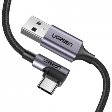 Ugreen CABLU alimentare si date Ugreen, US284, Fast Charging Data Cable pentru smartphone, USB la USB Type-C, 3A, Inclinat 90°, braided, 3m, Negru