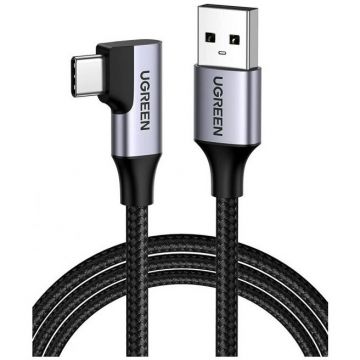 Ugreen CABLU alimentare si date Ugreen, US385, Fast Charging Data Cable pt. smartphone,USB 3.0 la USB Type-C, 3A,  unghi 90 grade, braided, 1m, negru