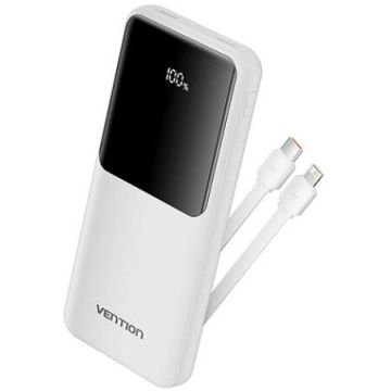 Vention POWER BANK Vention 10.000 mAh, 22.5W PD 20W, QC, 1x USB-C, 2x USB-A, 1x micro USB (doar pt incarcare), cablu Ligtning si USB-C integrate, afisaj LED, cablu Lightning si USB-C integrate, 314g, alb Vention POWER BANK Vention 10.000 mAh, 22.5W PD 20W, QC, 1x USB-C, 2x USB-A, 1x micro USB (doar pt incarcare), cablu Ligtning si USB-C integrate, afisaj LED, cablu Lightning si USB-C integrate, 314g, alb