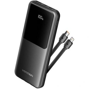 Vention POWER BANK Vention 10.000 mAh, 22.5W PD 20W, QC, 1x USB-C, 2x USB-A, 1x micro USB (doar pt incarcare), cablu Ligtning si USB-C integrate, afisaj LED, cablu Lightning si USB-C integrate, 314g, negru Vention POWER BANK Vention 10.000 mAh, 22.5W PD 20W, QC, 1x USB-C, 2x USB-A, 1x micro USB (doar pt incarcare), cablu Ligtning si USB-C integrate, afisaj LED, cablu Lightning si USB-C integrate, 314g, negru