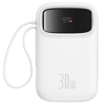 BASEUS Acumulator Extern Baseus, Qpow2, 10000mAh, 30W, 2 x USB Type-C output/input, USB, include cablu USB Type-C la USB Type-C 30cm, alb BASEUS Acumulator Extern Baseus, Qpow2, 10000mAh, 30W, 2 x USB Type-C output/input, USB, include cablu USB Type-C la USB Type-C 30cm, alb