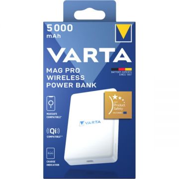 VARTA Baterie Externa Wireless Varta Mag Pro, 5000mAh, 12W, 1 x QI - 1 x USB-C, Alba VARTA Baterie Externa Wireless Varta Mag Pro, 5000mAh, 12W, 1 x QI - 1 x USB-C, Alba
